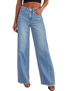 Women's Light Blue Cotton Blend High Waisted Stretchy Trendy Denim Wide Leg Pant